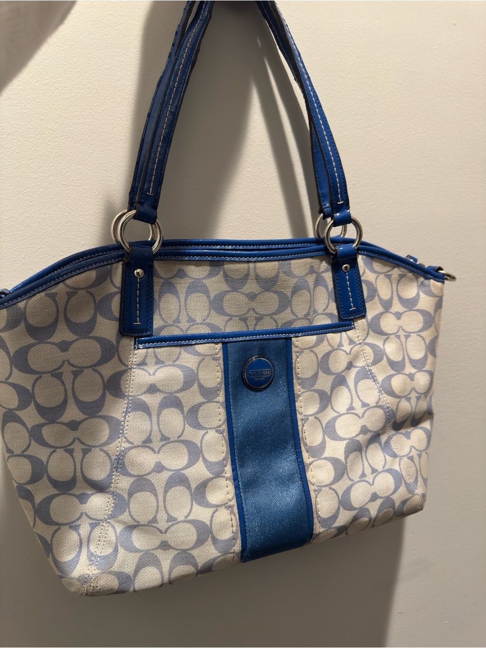 Coach Cream Signature Canvas Shoulder Bag with Blue Trim
